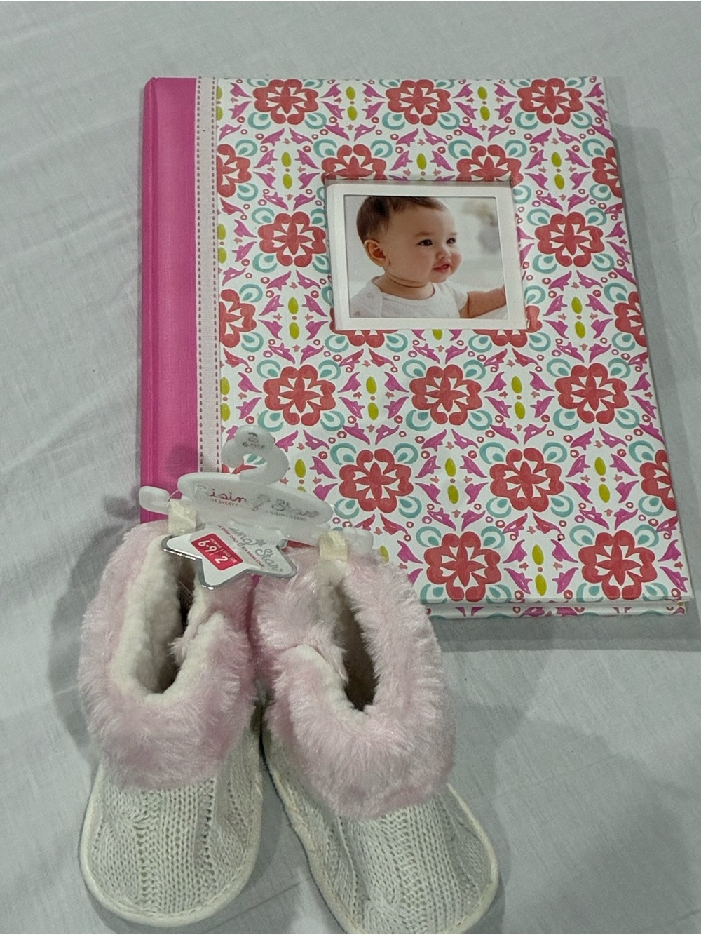 Infant Cozy Knit Booties with Pink Faux-Fur Trim and Memory Book